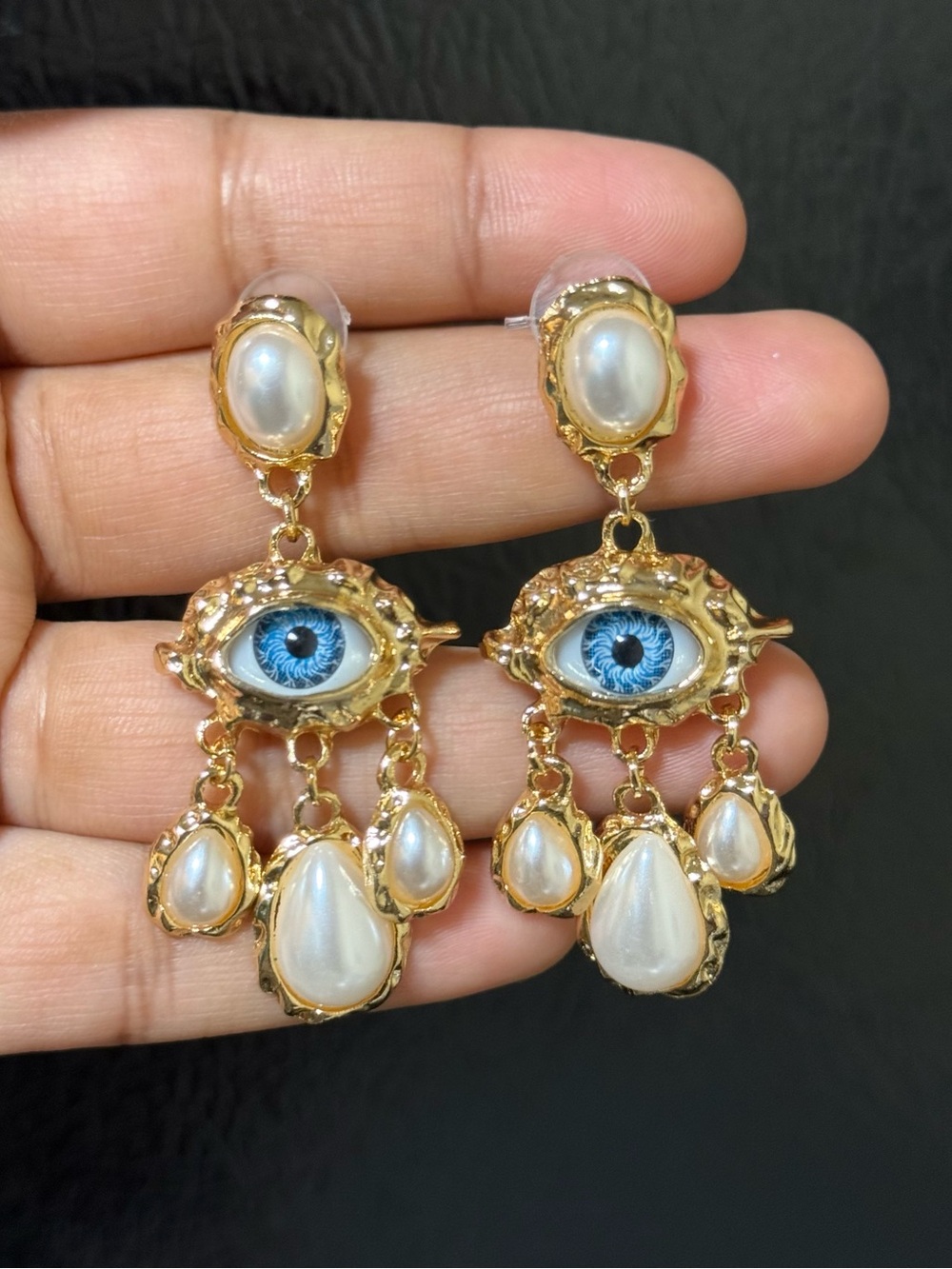 Schiaparelli Inspired Gold-Tone Blue Eye Pearl Drop Earrings